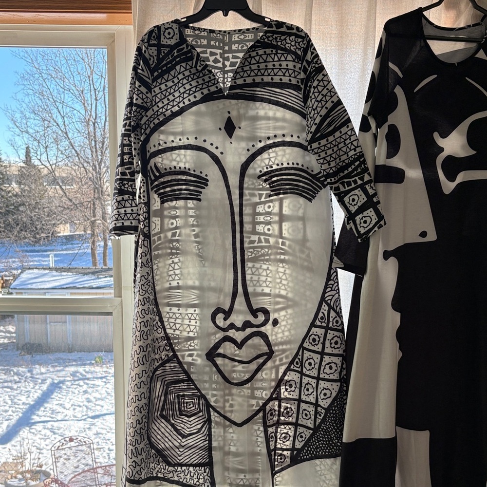 Abstract Face Print Long Sleeve Dress